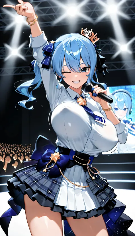 { top quality}, {  so aesthetic }, { Super Detail}, { Best Illustration },  Hoshimachi Suisei,  one woman, Alone, blue eyes,   blue hair ,  smiles, holding a microphone,sing, wink, symbol ,  side ponytail,  long hair, Plaid Stage Outfit, erect nipples ,Big...