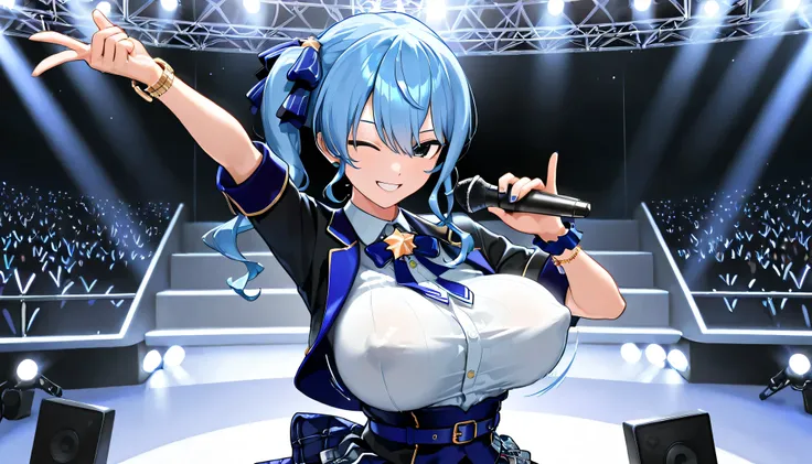 { top quality}, {  so aesthetic }, { Super Detail}, { Best Illustration },  Hoshimachi Suisei,  one woman, Alone, blue eyes,   blue hair ,  smiles, holding a microphone,sing, wink, symbol ,  side ponytail,  long hair, Plaid Stage Outfit, erect nipples ,Big...