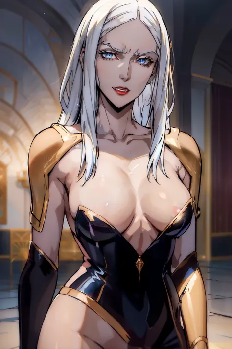 carmilla,  medium breasts , goden dress.  white hair,  beautiful face ,  blue eyes, (masterpiece1.2),  better quality, absurdities, alta resolución,  extremely detailed wallpaper,  Perfect lighting , Blue eyes, (((Hall,indoors, close up, upper body,  breas...