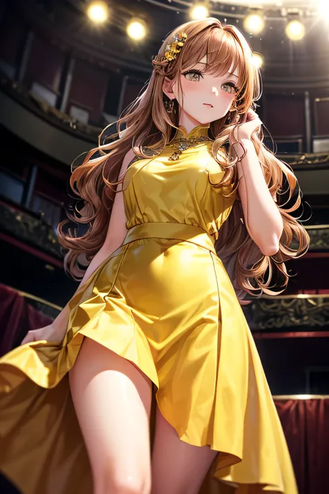 A graceful young lady,(((long wavy chestnut-colour hair))) and a calm, traditional aura,(((yellow Party Dress))),(((Theater))),(((mini skirt))),(panty shot),(((photo taken from below))),(((hair ornaments)))