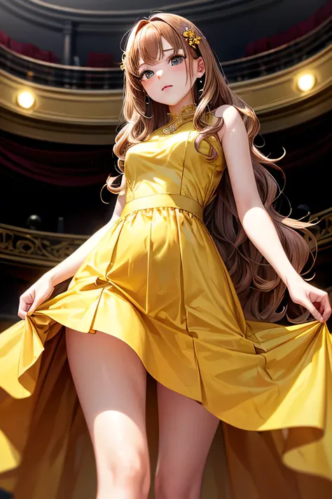 A graceful young lady,(((long wavy chestnut-colour hair))) and a calm, traditional aura,(((yellow Party Dress))),(((Theater))),(((mini skirt))),(panty shot),(((photo taken from below))),(((hair ornaments)))