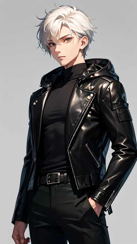  male, of average physical build ,  white hair, red iris eyes,  simple black biker jacket and hood,  dark green military style pants ,  with tight black shirt guard ,  Simple background 