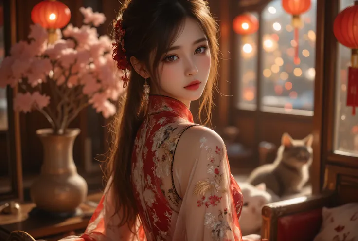 Cat ears、 face up, attractive, pretty girl, ponytail、 (( fine facial features , eroticism)), dramatic lighting , realistic , 8k, Dramatic Shadows , intricate and elaborate patterns , Chinese paper fans with pink feathers at outline, super detailed photo , ...
