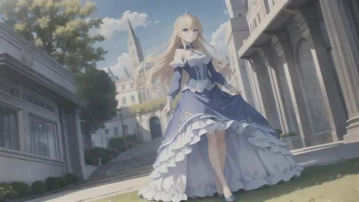  Masterpiece,  top quality,  princess,  blue dress,  blue eyes,   blond hair,  are standing, (city:1.1),  with skirt, cloud, tree々、perfect body、 low angle、 angle from below、Full body drawing、 full body view、sit