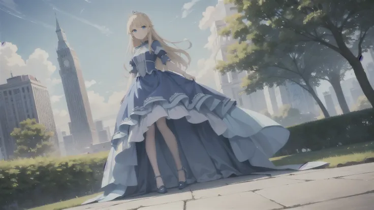  Masterpiece,  top quality,  princess,  blue dress,  blue eyes,   blond hair,  are standing, (city:1.1),  with skirt, cloud, tree々、perfect body、 low angle、 angle from below、Full body drawing、 full body view、sit