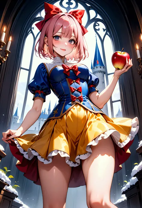 The costume is made of silk, ((cowboy shot)), (in heat), (((evil smile))), (((Picture book illustrations))), Fantasy World, (Medieval European), (Characters are on the edge), ((spring)), ((snow white cosplay, snow white (disney) (cosplay), cosplay, dress, ...