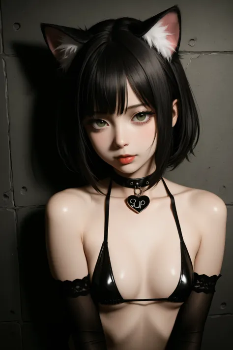 Expressionist artwork images, sexy catgirl, submissive, seductive, small breasts, cleavage, 