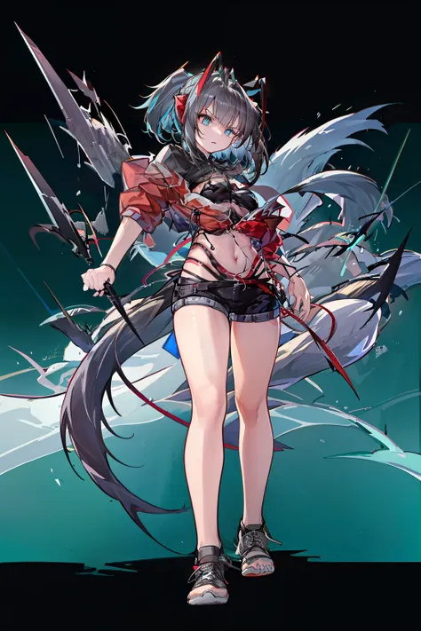 [ high quality] Wiš'adel  (Arknight)  small dark blue horns , turquoise blue eyes,  long hair tied in a ponytail,  dark brown hair ,  huge breasts , dagger in the hand in defense position ,  shorts with a chain around the hips,  short shirt, turquoise blue...