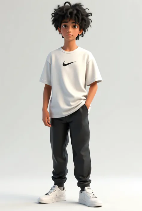 I draw a male character in 3D: a 17-year-old ager, black hair, curly hair, brown eyes, white Nike sneakers, black pants, Nike's white blouse with sleeves.