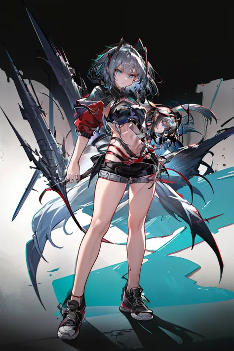 [ high quality] Wiš'adel  (Arknight)  small dark blue horns , turquoise blue eyes,  long hair tied in a ponytail,  dark brown hair ,  huge breasts , dagger in the hand in defense position ,  shorts with a chain around the hips,  short shirt, turquoise blue...