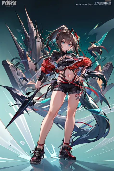 [ high quality] Wiš'adel  (Arknight)  small dark blue horns , turquoise blue eyes,  long hair tied in a ponytail,  dark brown hair ,  huge breasts , dagger in the hand in defense position ,  shorts with a chain around the hips,  short shirt, turquoise blue...
