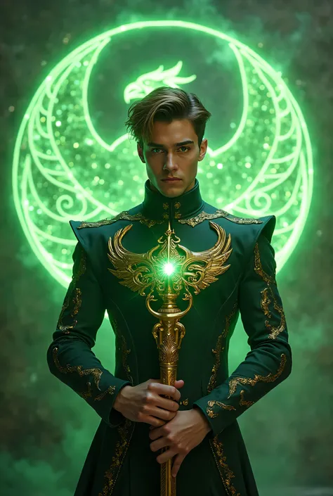 "A Magic-powered 25-year-old  Caucasian-Latino Mixed male God in a green and black outfit with gold and green metal details, with a gold metal phoenix symbol on the chest. Holding a Golden fighting Staff. Holographic green magic symbols with sparkling gold...