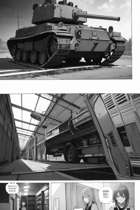 in hanger, a page from a comic with a girl and a tank in the background, walking, black and white manga page, black and white manga panel, black and white manga comic, manga page, manga panels, award winning manga style, black and white manga, manga panel,...