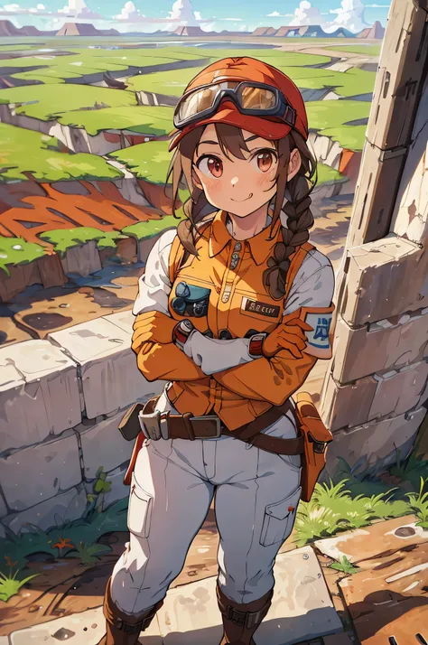 (masterpiece),(best quality),1girl,(solo),neneh, standing,brown hair,red hat,visor cap,goggles on headwear,braid,multiple braids,orange vest,long sleeves,white pants,boots,orange gloves,happy,:p,(crossed arms:1.2),(in desolate polluted countryside ,outdoor...