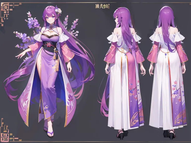 ((Masterpiece, Highest quality)), Detailed face, character design sheet， full bodyesbian, Full of details, frontal body view, back body view, Highly detailed, Depth, Many parts, woman with long purple hair with long bangs，beautiful woman, Traditional chine...