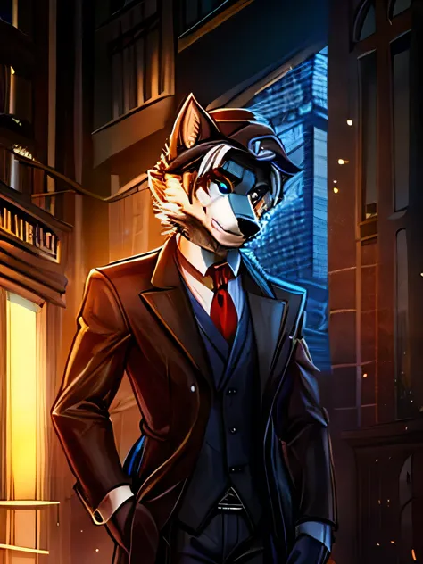 Anthropomorphic wolf detective,  Heterochromia,  overcoat brown , black vest,  red tie ,  white shirt 