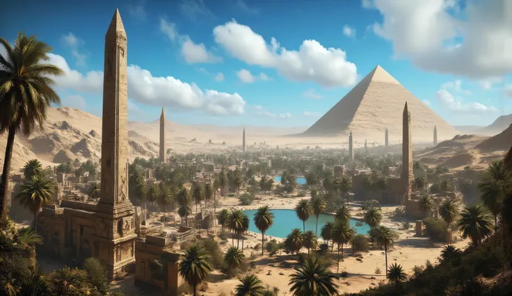 The Egyptian valley is full of obelisks and pyramids. Blue sky. Oasis and palm trees. The wonder of the world. horror