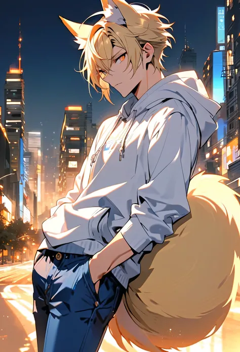 Male + blonde hair + orange eyes + blonde fox ears + one blonde fox tail + white hoodie + blue jeans + solo + adult + city background