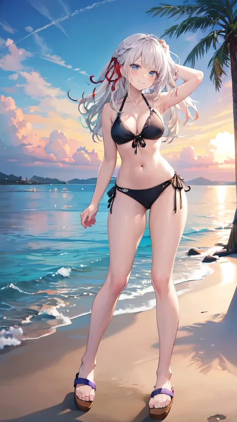 realistic image, detailed image, coherent image, 1 girl, long white hair, light blue eyes, smiling, bikini, slippers, curvy body, medium breasts and thick thighs, posing sensually, arching her back, beach in the background, palm trees and waves, sunset, tw...