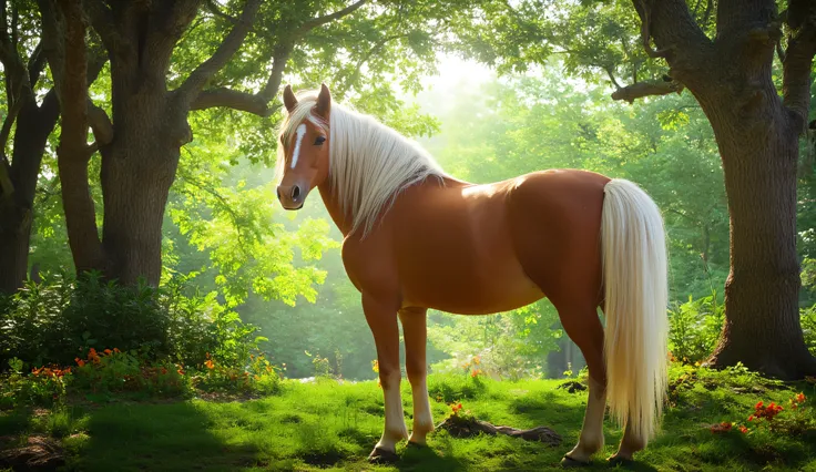 A horse in the middle of an enchanted forest