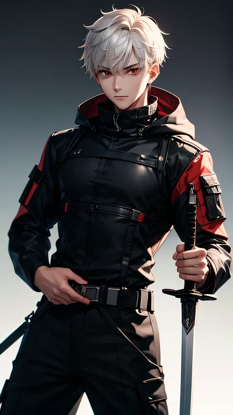  young male male , of average physical build ,  short white hair ,  red eyes, black tactical style jacket with black hood, dark green military pants ,  with tight black shirt guard , With a medieval sword,  Simple background 