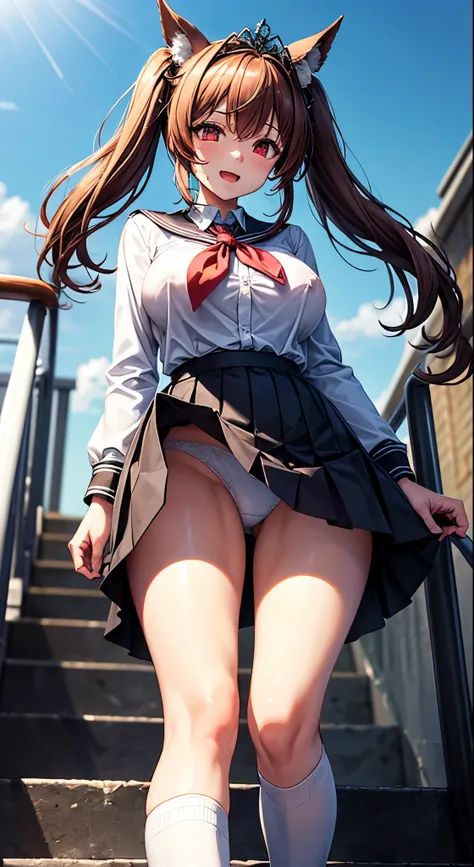  top quality, Masterpiece,8k, 1 girl,solo、 Daiwa Scarlet（Uma Musume） very very very big breasts（Big Breasts：9.9）、 erect nipples, orgasm, red eyes、Red eyeball、 big red eyes , sweat, miniskirt, skirt lift 、My skirt flutters in the wind、 punch, upskirt,  whit...