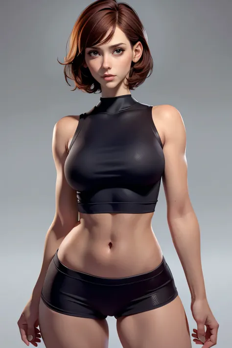  Slender young woman ,  deep red short hair , brown eyes, firm stance, athlete,  dressed in gym clothes, dedicated instructor ,  natural lighting ,  ultra resolution ,  plain white background , without patterns, No textures.