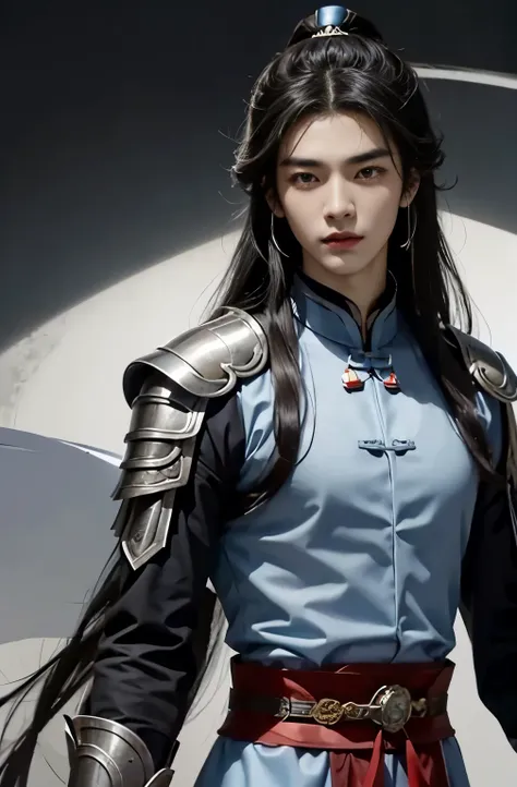 A 20-year-old handsome Chinese man wears an ancient Chinese dress of the Han Dynasty, long hair is completely black, his face is handsome, his face is dark, his eyebrows are big, his eyes are big, sweet, his nose is white, he wears the armor of a silver ca...