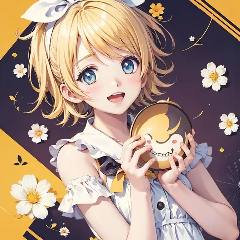 kagamine rin, high resolution, gaze to God, blushes, smiles, open your mouth, top quality, Floral Background