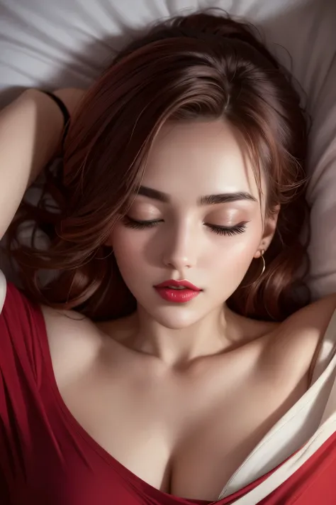 Amazing portrait of a woman who is 30 years old and an adult and a sexy woman wearing an off shoulder oversized t shirt during night time with soft lighting showcasing her red lips and her beautiful face in detail and close up lying down on bed