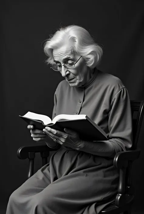  CREATE A REAL IMAGE, humanized by a German missionary , Half-elderly in the 57-year-old age range, In black and white with small hair that hits around the neck half blond round skirt and simple blouse, sitting on a chair reading the Bible  