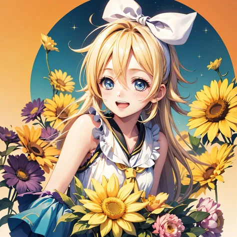 kagamine rin, high resolution,  gaze to God,  blushes,  smiles,  open your mouth,  top quality, Floral Background