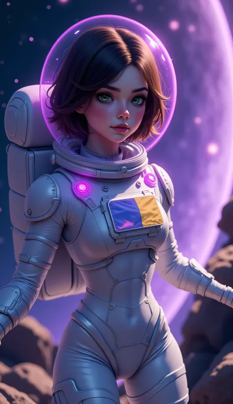 ( Girl in space ) half of the planet is fully visible in the background of planet Earth). the girl in the suit that glows with a purple glow  (the helmet is completely transparent ) the girl is floating in the air, she has brown hair and freckles under her...