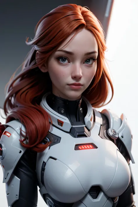 Young red-haired semi-cyborg woman, nice face, detailed eyes, Futuristic space suit, science fiction , dystopian, Natural lighting, ultra resolution , plain white background , without patterns, No textures.