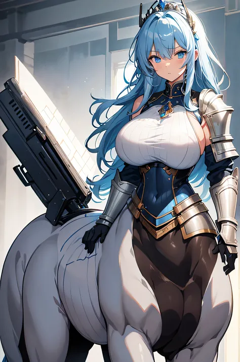 4K, high resolution,One Woman,Centaur, light blue hair, long hair, blue eyes , brown fur, huge boobs , Himeji Knight,White Armor,Sleeveless,Horizontal milk,Heavy Armor, full armor , white long gloves,Princess Tiara, Longsword,Jewelry decoration,Medieval ca...