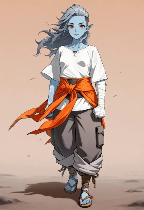 Solo, Female, high resolution, Air Genasi, Small breasts, Blue Skin, Dark Grey Hair, Dark Grey undercut sides Hair, AirGenasi, pointed ears, wind, tousled hair, tattoos, Orange Eyes, sandals, loose breeches trousers, a loose flowing strung together shirt, ...
