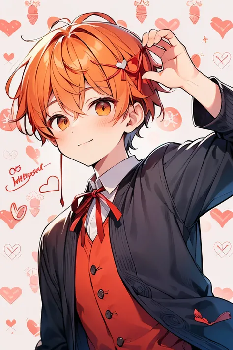 ((1-boy :1.3)),((handsome Gay:1.1)),(( An Adult Man :1.2)), solo,(heart hand to own eyes:1.15),very short hair,((orange hair:1.0)),(writhe in pleasure:1.0),((BODY ribbon wrapping:1.15)),smile,((check pattern background:1.1)),