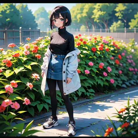 ( high quality,  high resolution, Very detailed, reality:1.37), Peaceful atmosphere, (Outdoors, garden),  age girl standing alone, (My breasts are small.), Beautiful details,  cute smile, (Black Bob), Ribbed sweater,  denim skirt,  black tights,  sneakers.