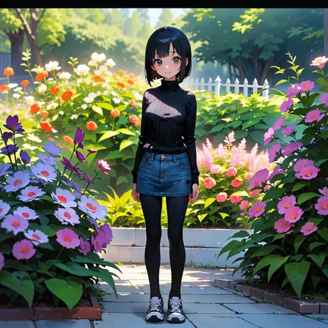 ( high quality,  high resolution, Very detailed, reality:1.37), Peaceful atmosphere, (Outdoors, garden),  age girl standing alone, (My breasts are small.), Beautiful details,  cute smile, (Black Bob), Ribbed sweater,  denim skirt,  black tights,  sneakers.