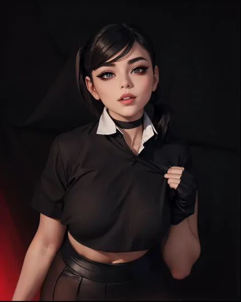 Amazing portrait of a sexy woman with her hair tied in two pigtails with her eyes emphasised by smokey eyeliner gazing at us seductively with her perfect lips in a mischievous smile wearing a tight red crop top showcasing her medium chest and a black skirt...