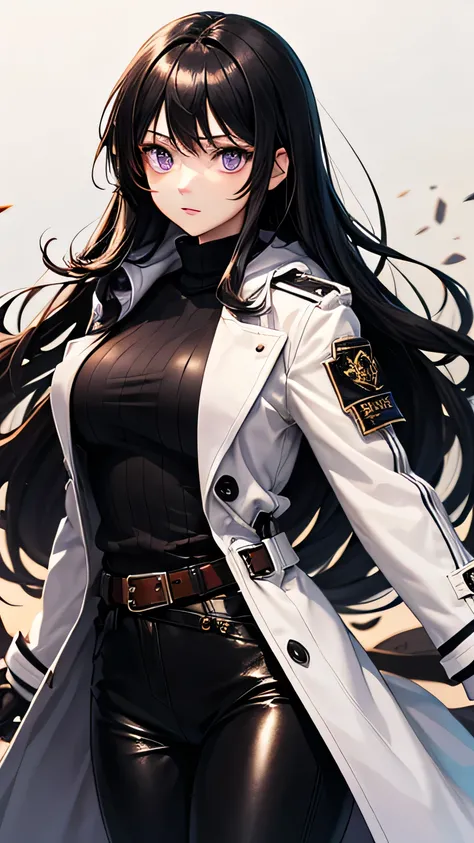  young woman, of average physical build ,  long black hair ,  purple eyes, white trench coat with gray hood, leather gauntlets ,  black leather pants, brown leather belt,  with tight black shirt guard , with daggers,  Simple background 