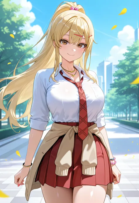 masterpiece,best quality,absurdres, amazing quality, shiny skin
tokyo \(city\), park, falling petals, cowboy shot, smile, looking at viewer, standing, wind, wind lif
 himariishikura, 1girl, long hair, blonde hair, shirt, white shirt, jewelry, hair ornament...