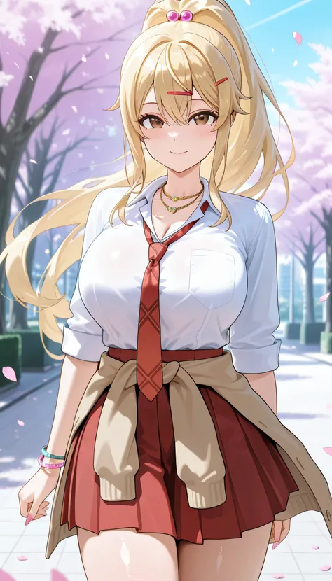 masterpiece,best quality,absurdres, amazing quality, shiny skin
tokyo \(city\), park, falling petals, cowboy shot, smile, looking at viewer, standing, wind, wind lif
 himariishikura, 1girl, long hair, blonde hair, shirt, white shirt, jewelry, hair ornament...