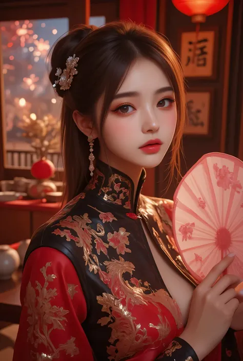 Cat ears、 face up, attractive, pretty girl, ponytail、 (( fine facial features , eroticism)), dramatic lighting , realistic , 8k, Dramatic Shadows , intricate and elaborate patterns , super detailed photo , chiaroscuro lighting , Pleasant colors , deep cont...