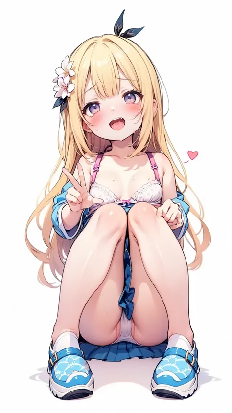 NSFW,preschool girl,elementary school  girl, double peace,panty shot,show off panty, wearing underwear, girl wearing bra, skirt, smug face, Satin bra, pastel colors bra, flower pattern bra, frilled bra , Satin panties, pastel colors panties, flower pattern...