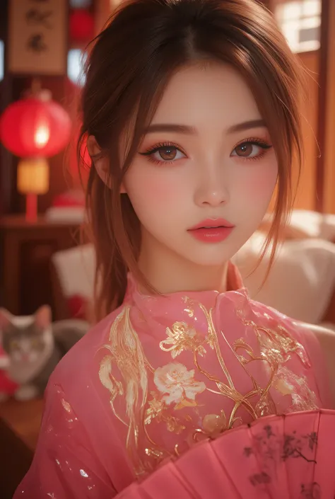 Cat ears、 face up, attractive, pretty girl, ponytail、 (( fine facial features , eroticism)), dramatic lighting , realistic , 8k, Dramatic Shadows , intricate and elaborate patterns , super detailed photo , chiaroscuro lighting , Pleasant colors , deep cont...