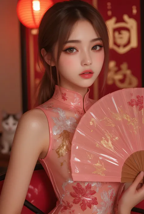 Cat ears、 face up, attractive, pretty girl, ponytail、 (( fine facial features , eroticism)), dramatic lighting , realistic , 8k, Dramatic Shadows , intricate and elaborate patterns , super detailed photo , chiaroscuro lighting , Pleasant colors , deep cont...