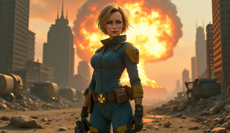  Vault Girl stands confidently in the heart of a post-apocalyptic wasteland .  Your Vault suit is a classic deep blue ,  with worn and slightly broken yellow details , you should know ,  should know, revealing the wear and tear of countless adventures .  H...