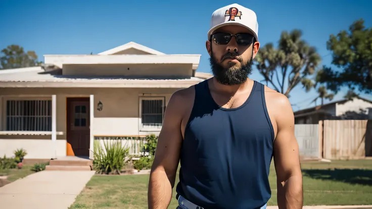 Mexican man from the neighborhood. Long curly beard. Sunglasses. Baseball cap. Long sports tank top. Blue denim shorts. In front of a run-down Mexican house.