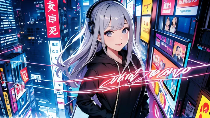 ( masterpiece, ultra detailed , clear focus , shadow, ultra high resolution , 8k, perfectionな解剖学, perfect face, ( detailed face ), perfectionな目、( detailed eyes ), highlights on her eyes Best Quality 、 silver decorations on top of the hoodie、b...